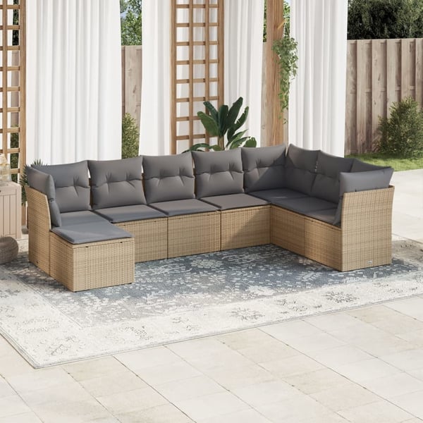 vidaXL Matgrupp för trädgården med dynor 8 delar beige konstrotting