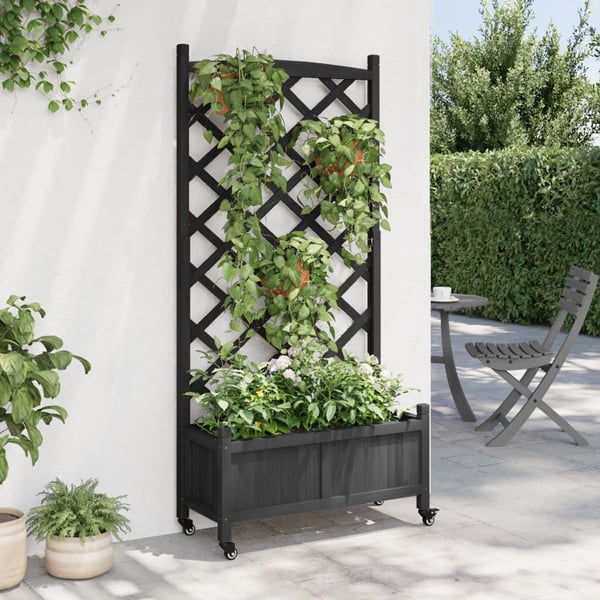 vidaXL Plantekasse med espalier og hjul svart heltre gran
