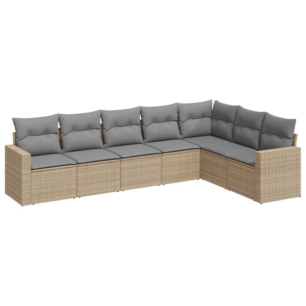 vidaXL Matgrupp för trädgården med dynor 7 delar beige konstrotting