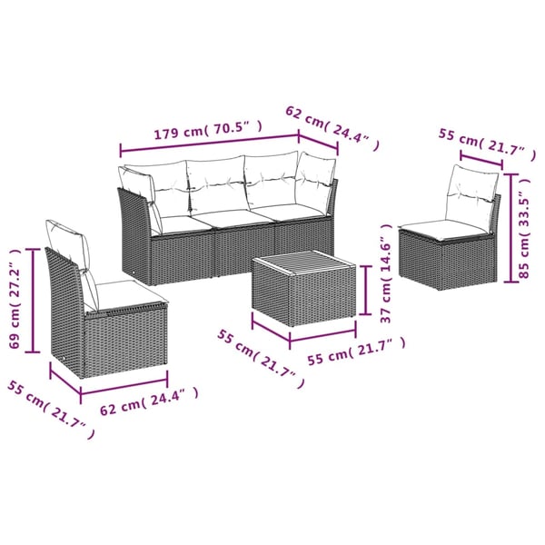 vidaXL sofasæt til haven 6 dele med hynder polyrattan grå