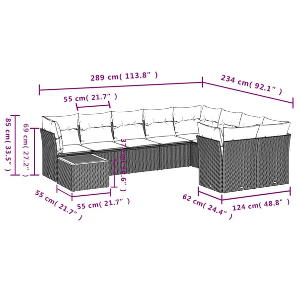 vidaXL sofasæt til haven 10 dele med hynder polyrattan grå