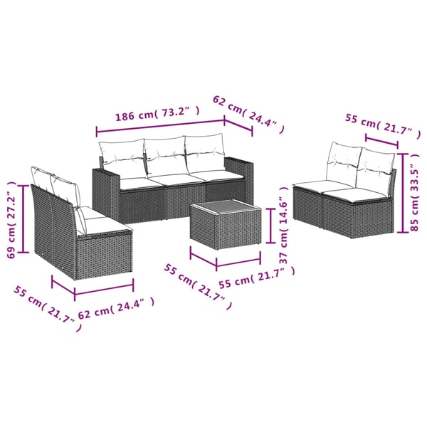 vidaXL sofasæt til haven 8 dele med hynder polyrattan sort