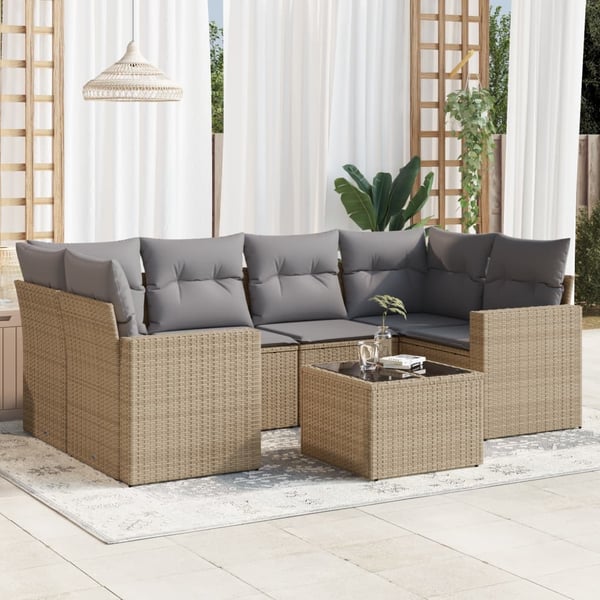 vidaXL sofasæt til haven 7 dele med hynder polyrattan beige