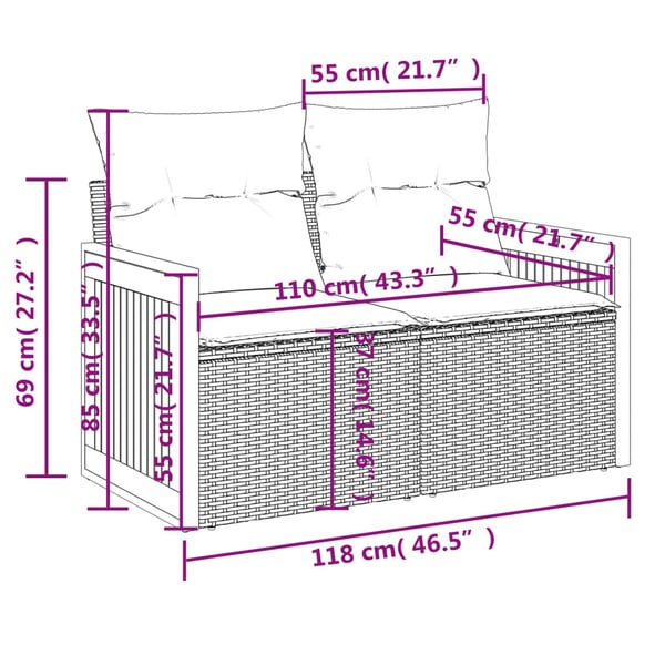 vidaXL 2-personers havesofa med hynder polyrattan sort