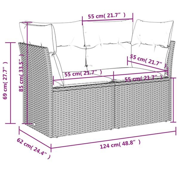 vidaXL 2-personers havesofa med hynder polyrattan sort