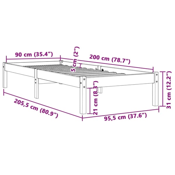 vidaXL Sengeramme uten madrass voksbrun 90x200 cm heltre furu