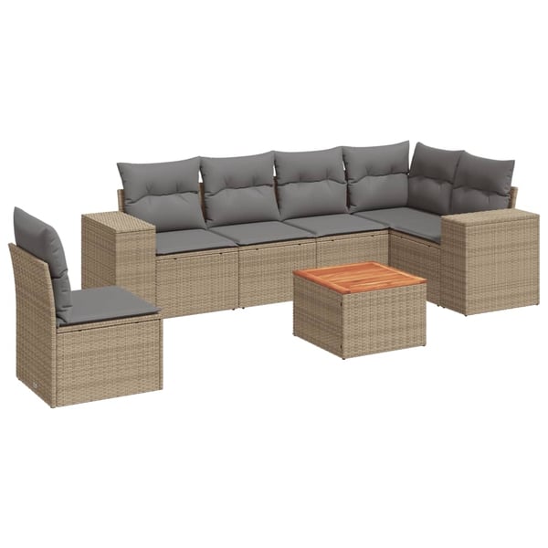 vidaXL Matgrupp för trädgården med dynor 7 delar beige konstrotting