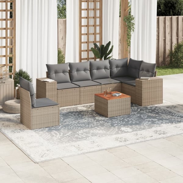 vidaXL Matgrupp för trädgården med dynor 7 delar beige konstrotting