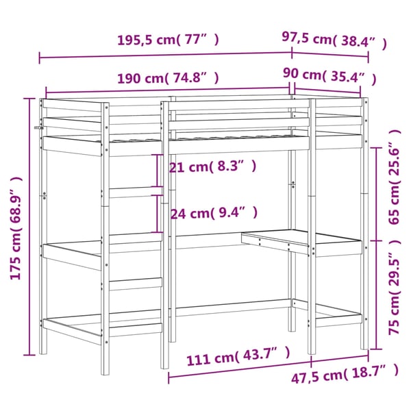 vidaXL Køyeseng med skrivebord hvit 90x190 cm heltre furu
