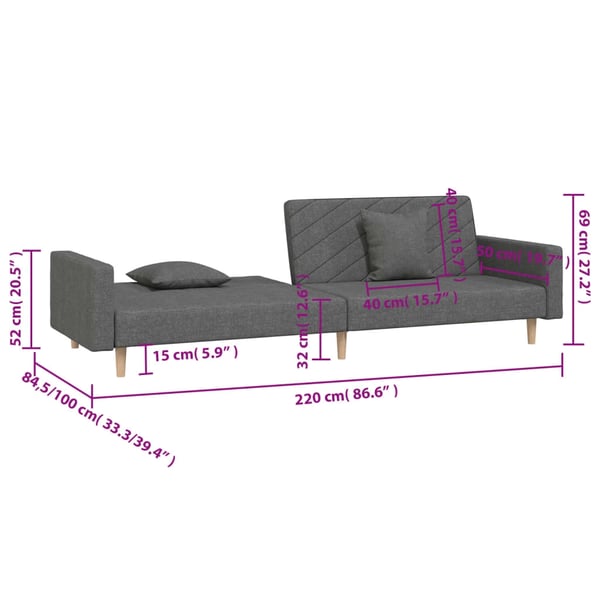 vidaXL Bäddsoffa 2-sits med två kuddar mörkgrå tyg