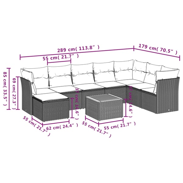 vidaXL sofasæt til haven 9 dele med hynder polyrattan grå
