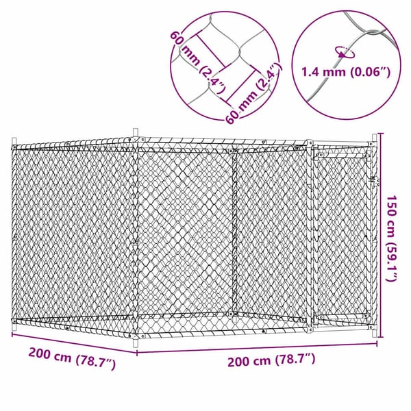 vidaXL Hundebur med dør grå 2x2x1,5 m galvanisert stål