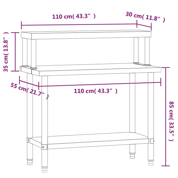 vidaXL Kjøkkenbenk med overhylle 110x55x120 cm rustfritt stål