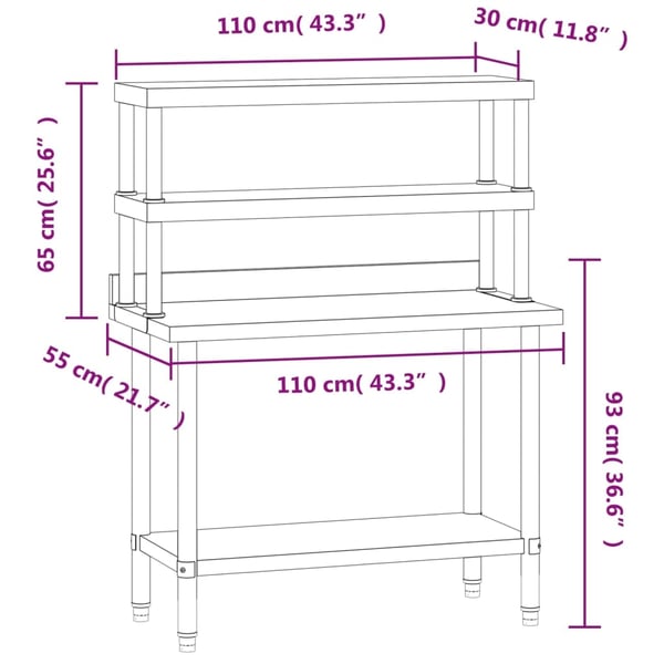 vidaXL Kjøkkenbenk med overhylle 110x55x150 cm rustfritt stål