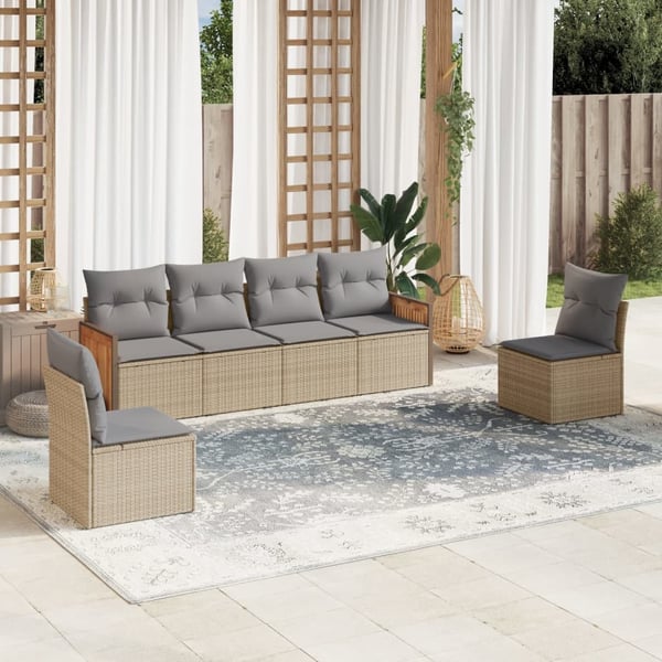 vidaXL Soffgrupp för trädgården med dynor 6 delar beige konstrotting