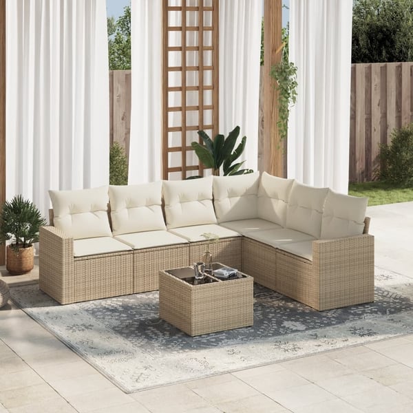 vidaXL sofasæt til haven 7 dele med hynder polyrattan beige