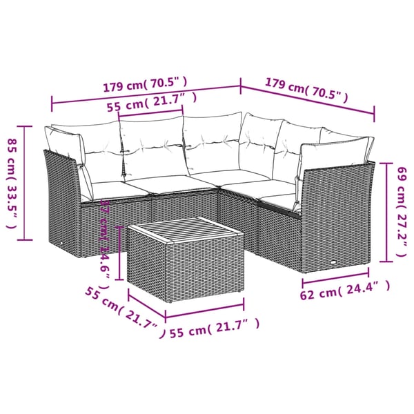 vidaXL sofasæt til haven 6 dele med hynder polyrattan grå