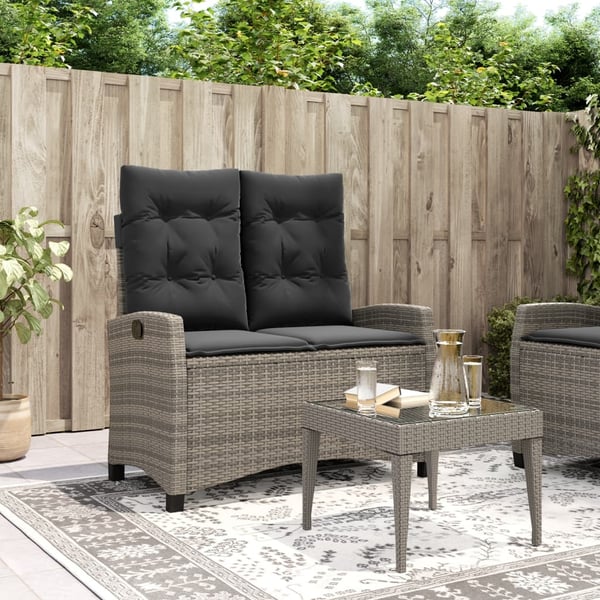 vidaXL havebænk med hynder og lænefunktion polyrattan grå