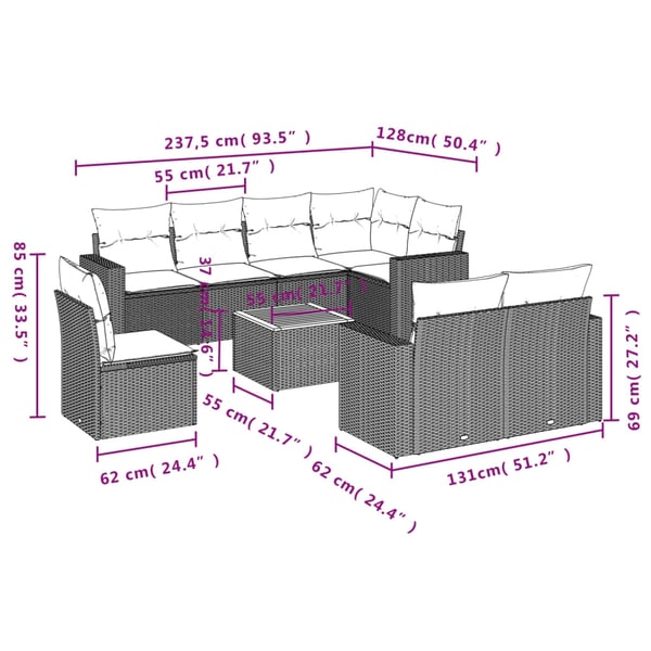 vidaXL sofasæt til haven 9 dele med hynder polyrattan beige