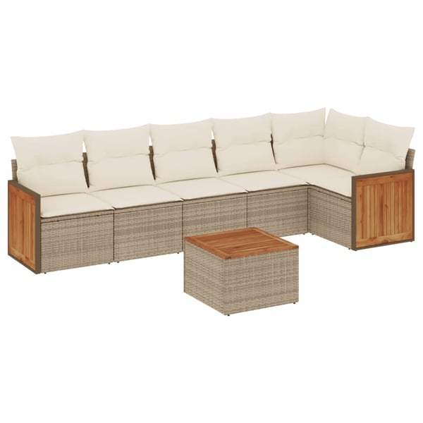 vidaXL Matgrupp för trädgården med dynor 7 delar beige konstrotting
