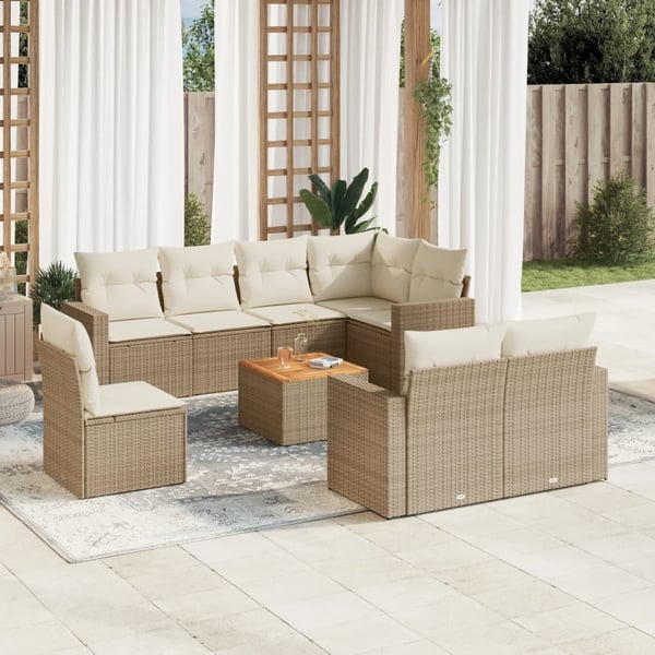 vidaXL Soffgrupp för trädgården med dynor 9 delar beige konstrotting