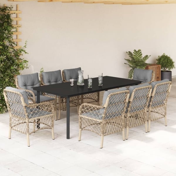 vidaXL spisebordssæt til haven 9 dele med hynder polyrattan beige