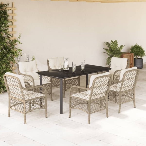 vidaXL spisebordssæt til haven 7 dele med hynder polyrattan beige