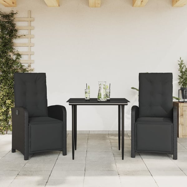 vidaXL bistrosæt til haven 3 dele med hynder polyrattan sort
