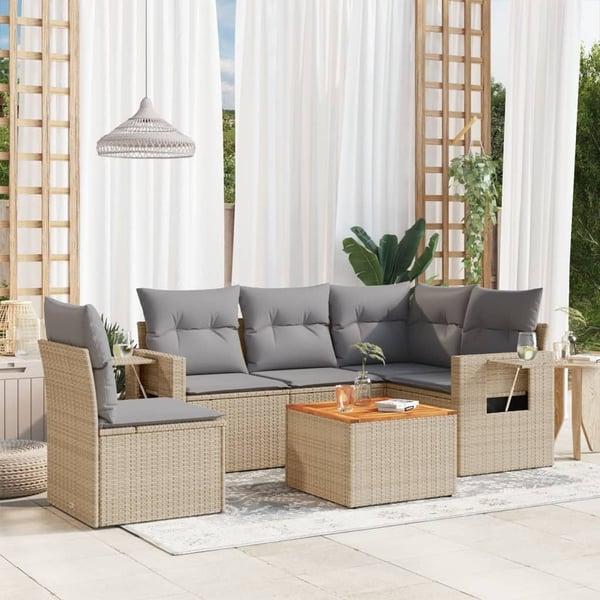 vidaXL havesofasæt 6 dele med hynder polyrattan beige