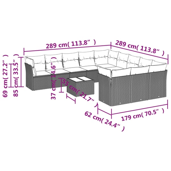 vidaXL sofasæt til haven 12 dele med hynder polyrattan grå