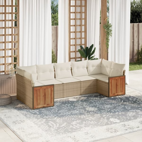vidaXL Matgrupp för trädgården med dynor 7 delar beige konstrotting