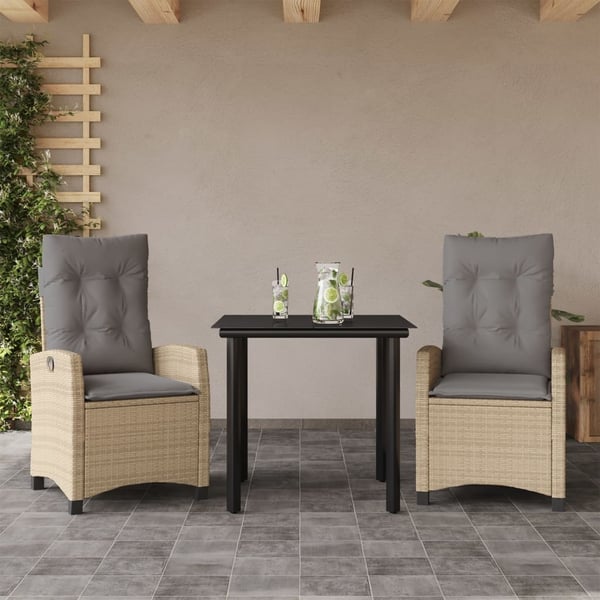 vidaXL spisebordssæt til haven 3 dele med hynder polyrattan beige