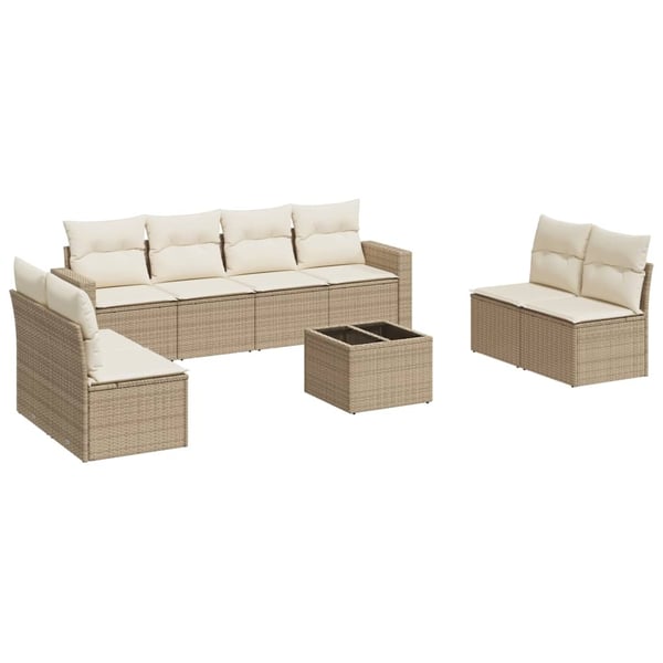 vidaXL Soffgrupp för trädgården med dynor 9 delar beige konstrotting