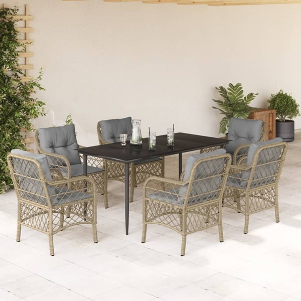 vidaXL spisebordssæt til haven 7 dele med hynder polyrattan beige