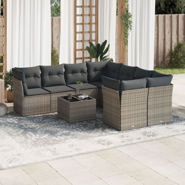 vidaXL sofasæt til haven 9 dele med hynder polyrattan grå