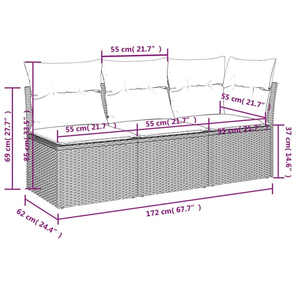 vidaXL 3-personers havesofa med hynder polyrattan grå