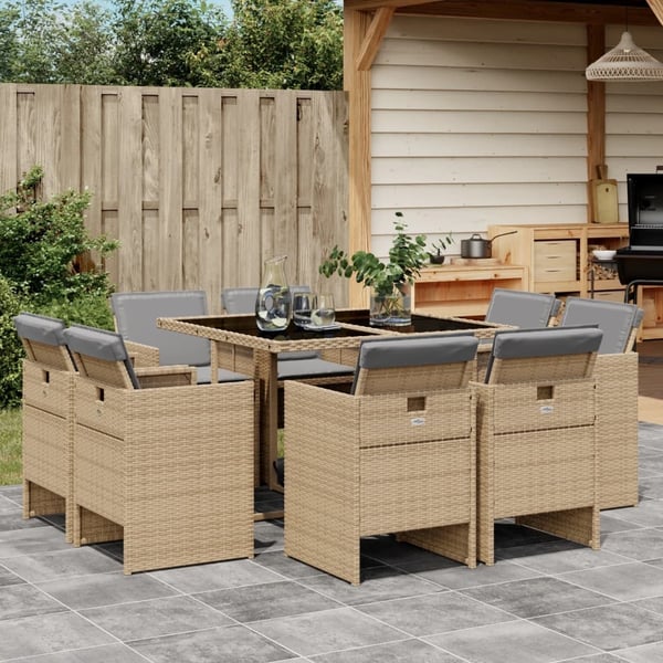 vidaXL spisebordssæt til haven 9 dele med hynder polyrattan beige