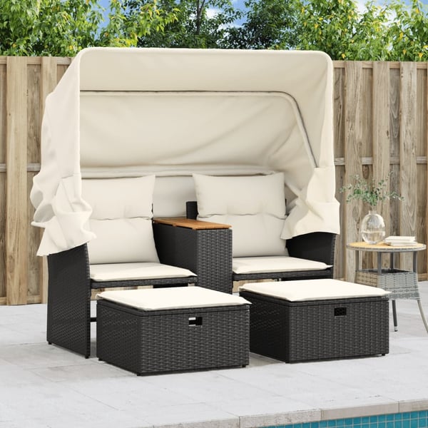 vidaXL 2-personers havesofa med baldakin og skamler polyrattan sort