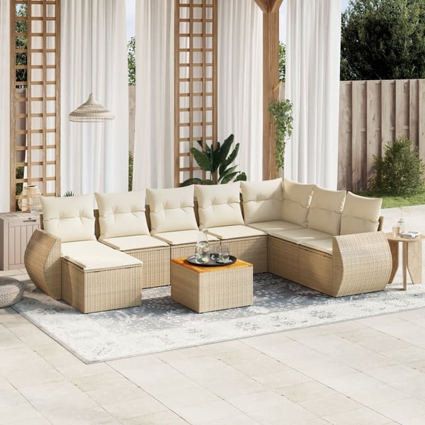 vidaXL Soffgrupp för trädgården med dynor 9 delar beige konstrotting