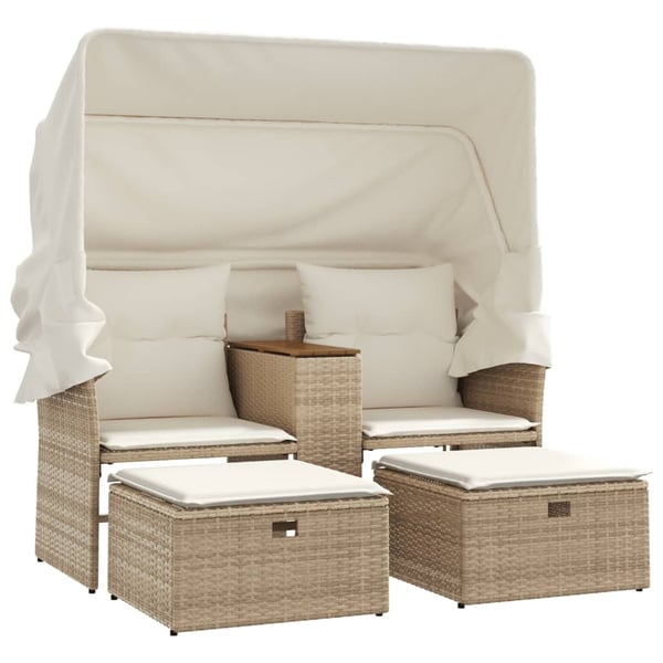 vidaXL 2-personers havesofa med baldakin og skamler polyrattan beige