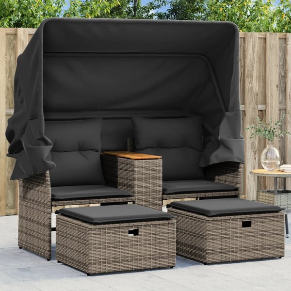 vidaXL 2-personers havesofa med baldakin og skamler polyrattan grå