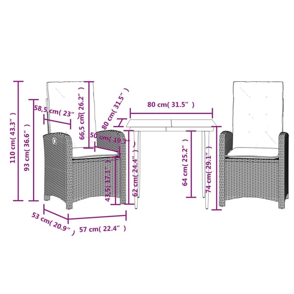 vidaXL spisebordssæt til haven 3 dele med hynder polyrattan beige