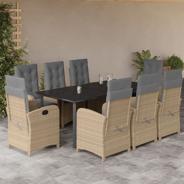 vidaXL spisebordssæt til haven 9 dele med hynder polyrattan beige