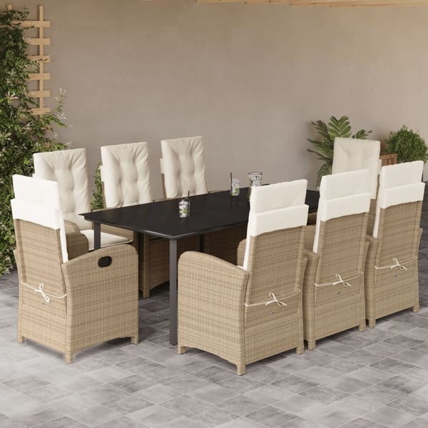 vidaXL spisebordssæt til haven 9 dele med hynder polyrattan beige