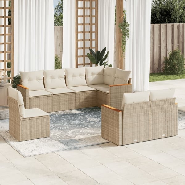 vidaXL Matgrupp för trädgården med dynor 8 delar beige konstrotting