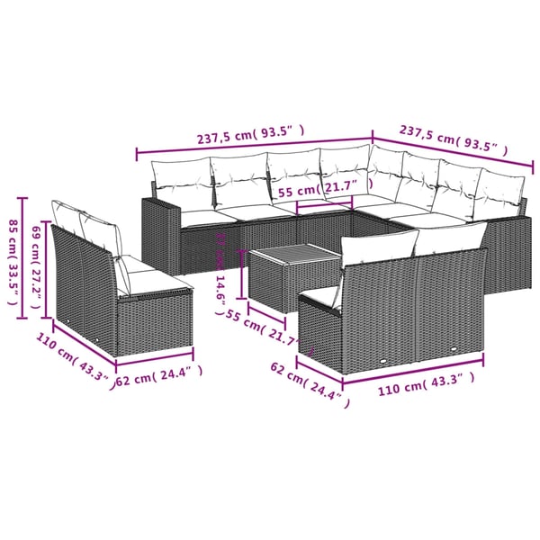vidaXL Loungegrupp med dynor 12 delar svart konstrotting