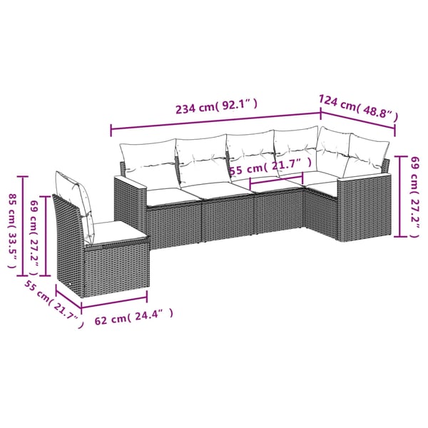 vidaXL sofasæt til haven 6 dele med hynder polyrattan grå