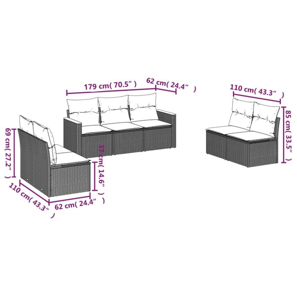 vidaXL sofasæt til haven 7 dele med hynder polyrattan sort