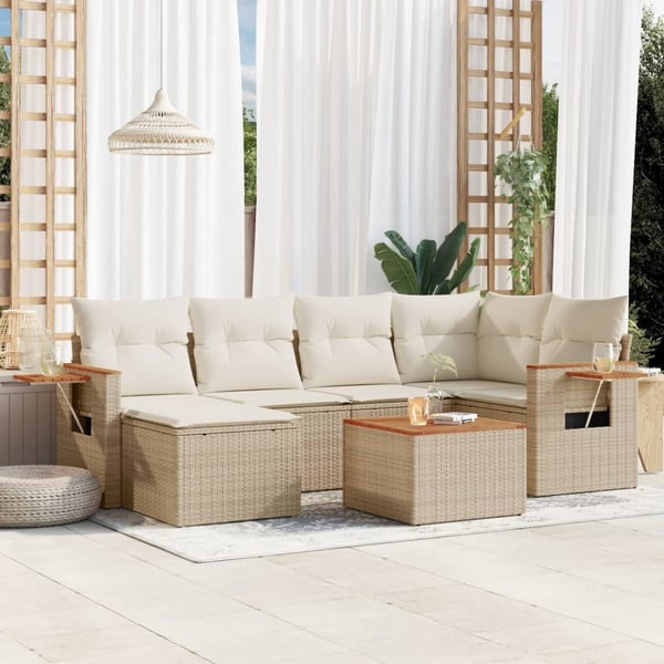 vidaXL Matgrupp för trädgården med dynor 7 delar beige konstrotting