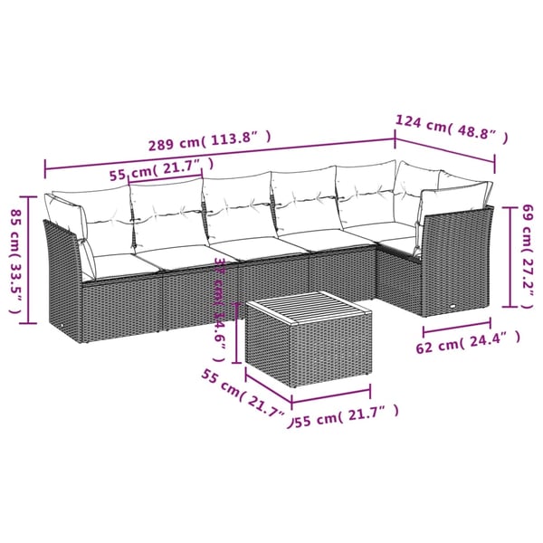 vidaXL sofasæt til haven 7 dele med hynder polyrattan sort